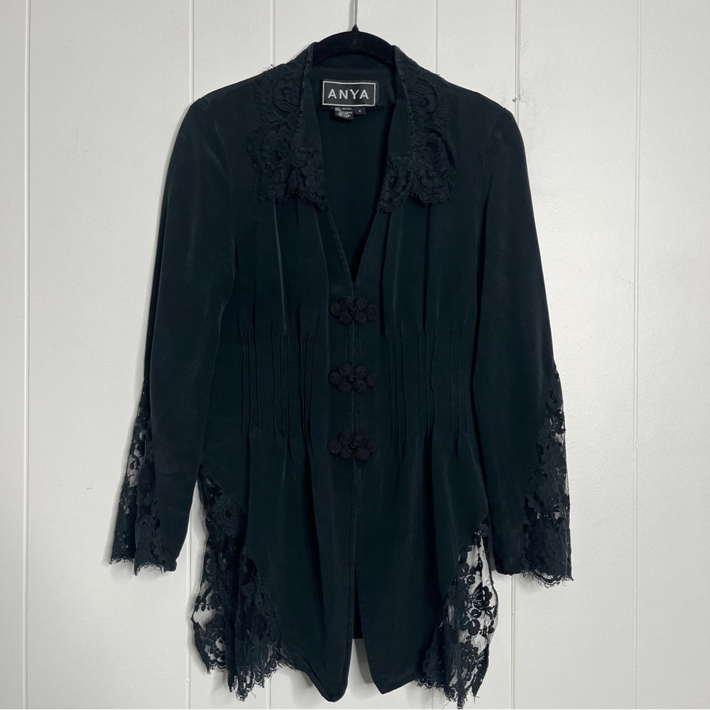 ANYA Silk Button Front Blouse Cinched Waist Dark Romantic Victorian Lace Size 4